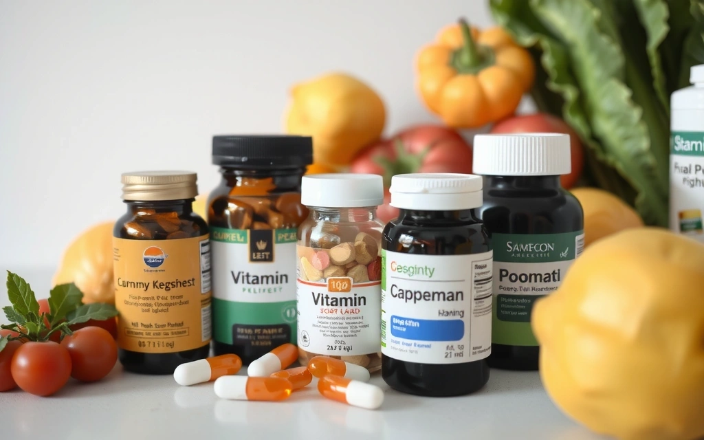 Różne rodzaje suplementów witaminowych na tle warzyw