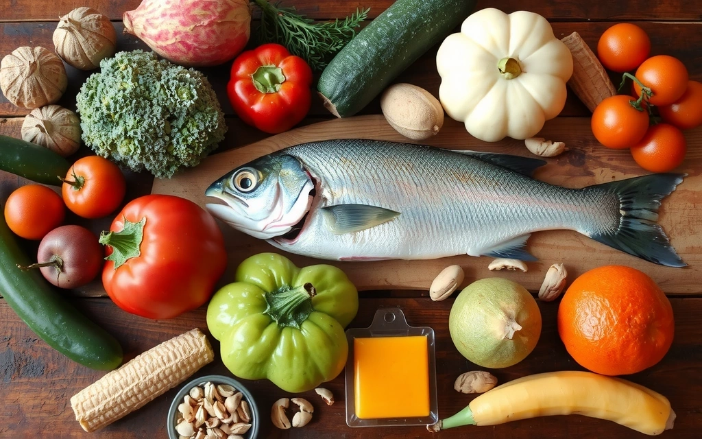 Świeże warzywa, owoce, orzechy i ryby na stole