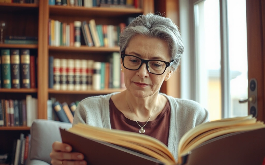 Senior woman reading a book with a thoughtful expression