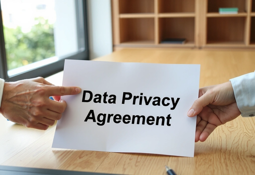 Two hands shaking over a data privacy document, symbolizing agreement and trust