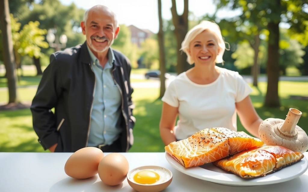 Seniorzy cieszący się słońcem w parku, z elementami zdrowej żywności