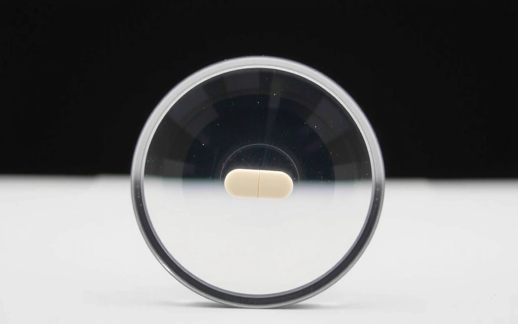 Lupa powiększająca małą pigułkę, symbolizująca precyzyjną diagnostykę niedoborów