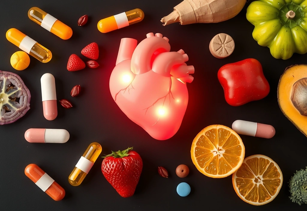 Serce otoczone witaminami, symbolizujące wsparcie układu krążenia.