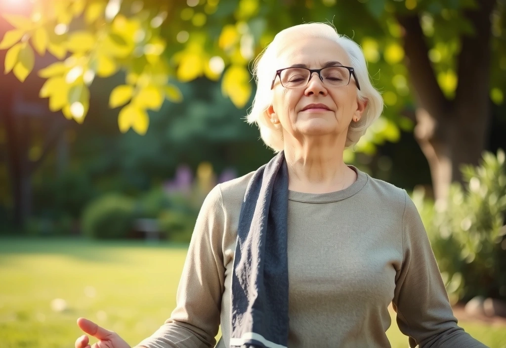 Starsza kobieta medytująca w ogrodzie, symbolizująca spokój i równowagę.