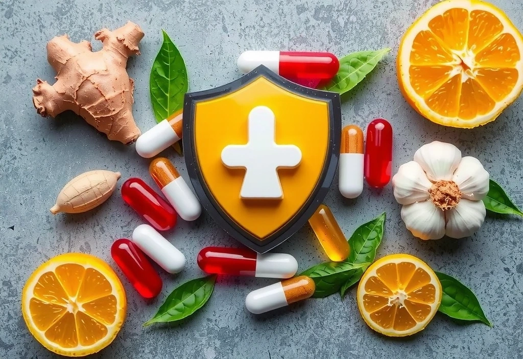 Tarcza z tarczą i witaminami, symbolizująca wzmocnienie odporności.